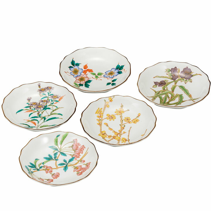 九谷焼 4.2号皿揃 四季の草花 ＜和食器 皿 人気 ギフト 5枚セット 贈り物 結婚祝い/内祝い/お祝い/＞ sj-71 化粧箱入り