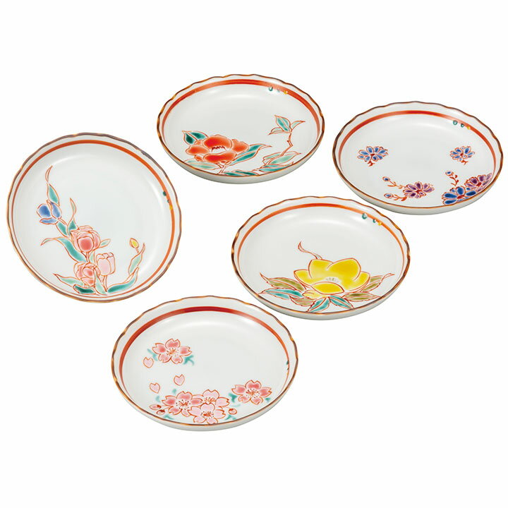 九谷焼 4.5号皿揃 草花絵変り / 澤田郁美 ＜和食器 皿 人気 ギフト 5枚セット 贈り物 結婚祝い/内祝い/お祝い/＞ 化粧箱入り