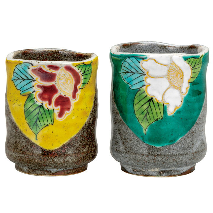 九谷焼 組湯呑 色絵山茶花 ＜茶器 湯呑 ペア 人気 ギフト 贈り物 結婚祝い/内祝い/お祝い/＞ 化粧箱入り