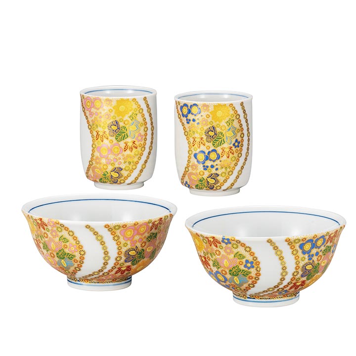 九谷焼 睦揃 曲水花詰＜送料無料 飯碗 湯呑 セット 人気 ギフト 贈り物 結婚祝い/内祝い/お祝い/＞ 化粧箱入り