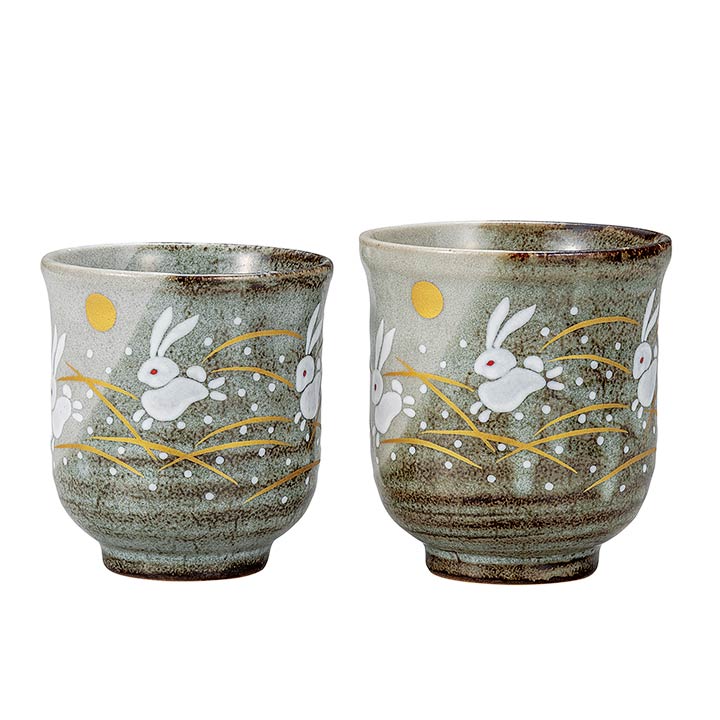九谷焼 組湯呑 月うさぎ＜送料無料 茶器 湯呑 ペア 人気 ギフト 贈り物 結婚祝い/内祝い/お祝い/＞ 化粧箱入り