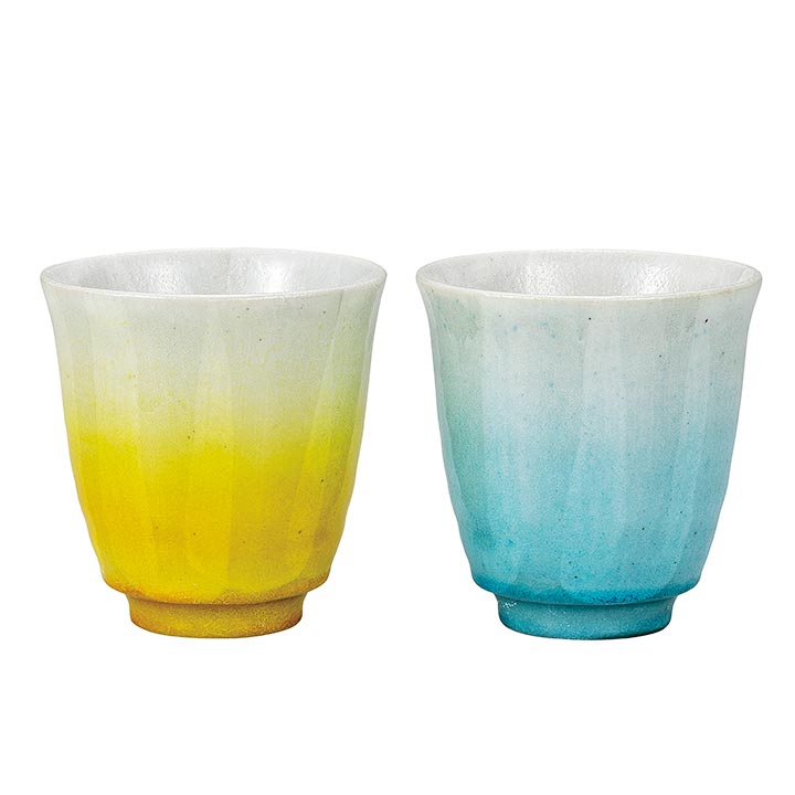 九谷焼 組湯呑 釉彩 水色/黄色/竜彩＜送料無料 茶器 湯呑 ペア 人気 ギフト 贈り物 結婚祝い/内祝い/お祝い/＞ 化粧箱入り