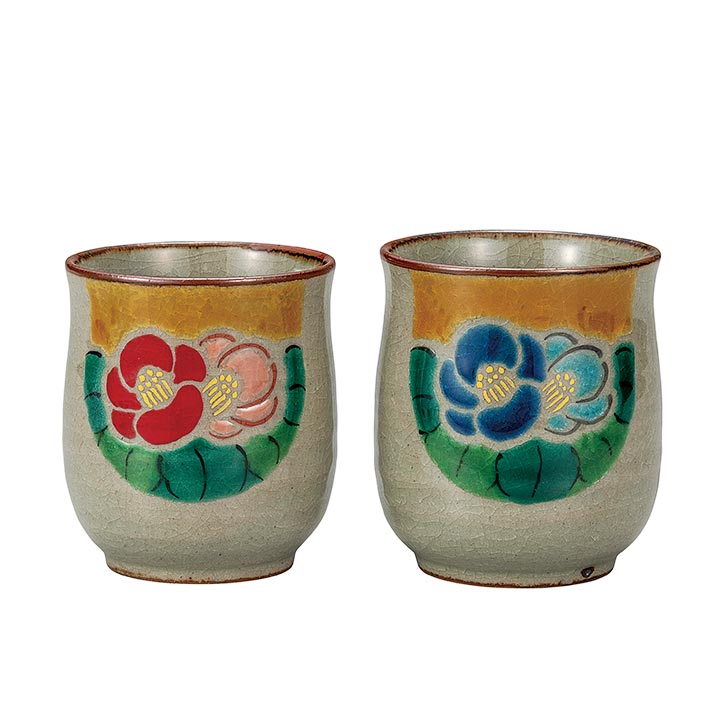 九谷焼 組湯呑 椿文＜送料無料 茶器 湯呑 ペア 人気 ギフト 贈り物 結婚祝い/内祝い/お祝い/＞ 化粧箱入り