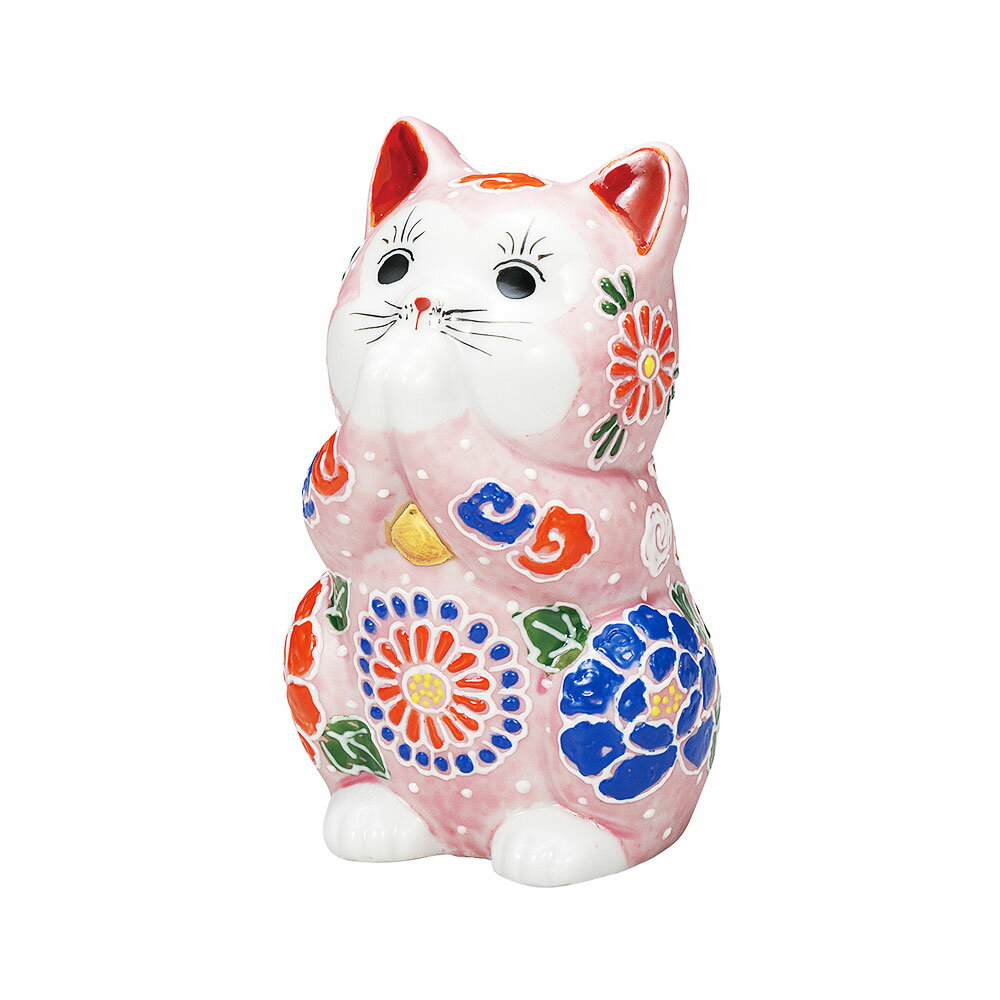 【レビュー特典あり】 九谷焼 3.8号お祈り猫 桃盛＜送料無料 置物 縁起物 招き猫 人気 ギフト 贈り物 結婚祝い/内祝い/お祝い/＞