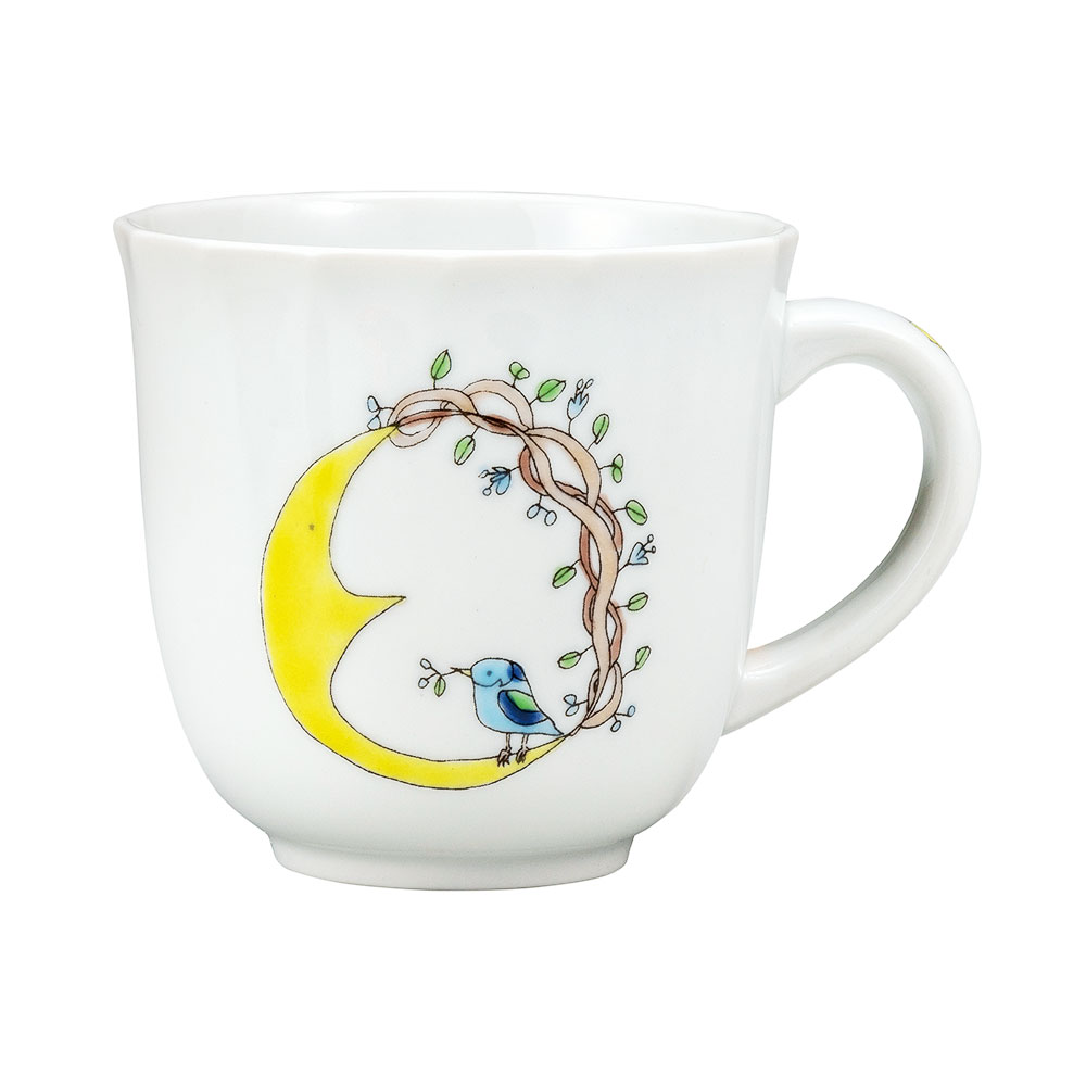 九谷焼 マグカップ 月と鳥 水色 / オリメ | 織窯 | マグ 可愛い九谷焼 和食器 人気 ギフト 贈り物 結婚祝い 内祝い お祝い