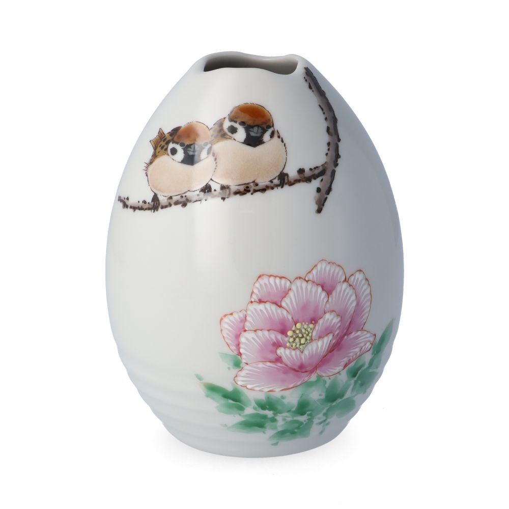 九谷焼 一輪生（口波砲弾型小）牡丹二雀図/中村陶志人＜送料無料 花瓶 花器 一輪生 人気 ギフト 贈り物 結婚祝い/内祝い/お祝い/＞ 化粧箱入り