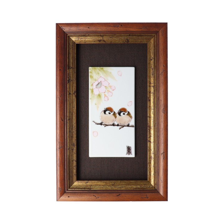 九谷焼 DB額(短冊小)桜二雀図/中村陶志人<額縁 陶額 送料無料 陶板画 アートパネル 人気 ギフト 贈り物 結婚祝い/内祝い/お祝い/>