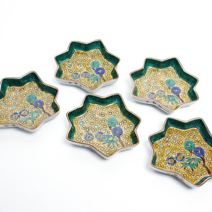 九谷焼 5.6号皿揃 吉田屋風 竹 / 5枚セット | 中鉢 盛り鉢 人気 ギフト 贈り物 結婚祝い 内祝い お祝い 化粧箱入り [ss]