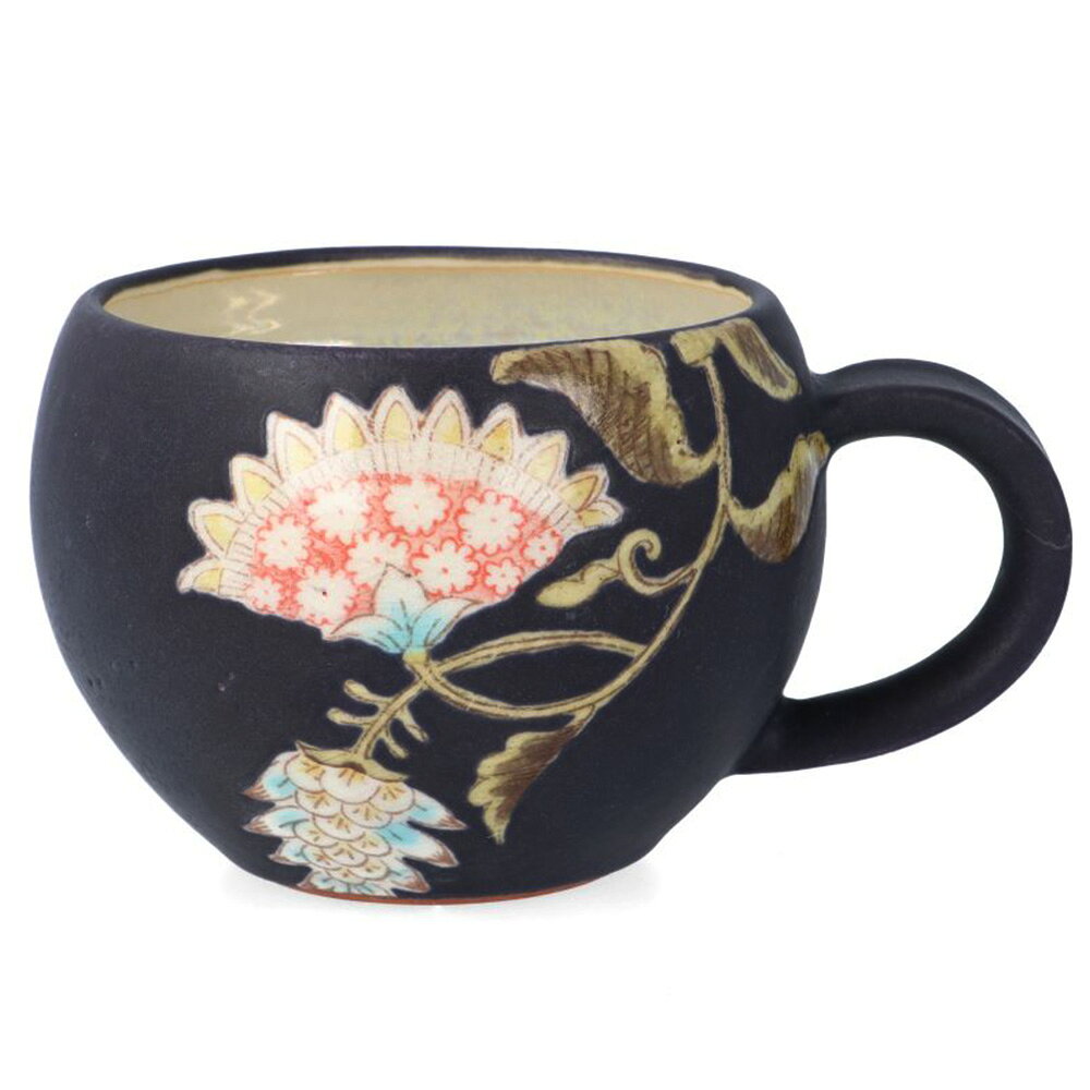 九谷焼 丸型 マグカップ 夢窓華 濃紺 / うつつ窯 稲積佳谷 日本製 食器 コーヒーカップ ティーカップ アンティーク調 上品 華やか 紺 ネイビー 花柄 唐花 かわいい おしゃれ ギフト 贈り物 お祝い プレゼント