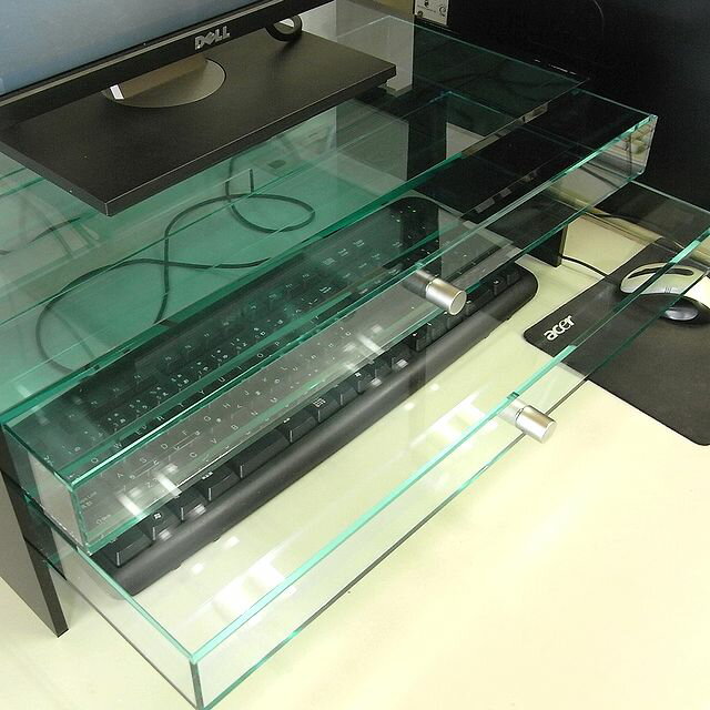 キーボード 収納 モニター台2段引出しラージ＆ラージタイプ ベースガラス色 側板ブラック