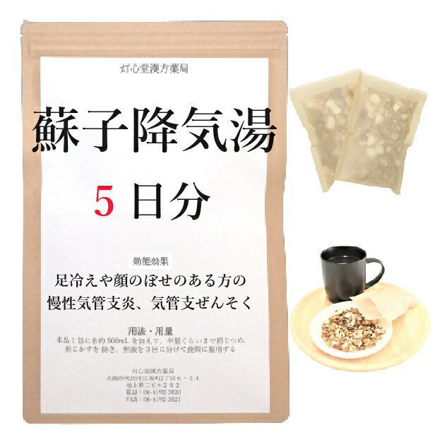 蘇子降気湯 　蘇子降気湯は、「太平恵民和剤局方」を原典とする、足冷えのある人の慢性気管支炎で多少の呼吸困難の傾向のある人に用いられる漢方薬です。 効能 ・ 効果 体力虚弱で、足冷えや顔ののぼせがあり、息苦しさのあるものの次の諸症：慢性気管支炎、気管支ぜんそく 成分と分量 1包（大人1日量）中に次の成分を含んでいます。 シソシ3.0g,コウボク2.5g,タイソウ1.5g,ショウキョウ0.5g,カンゾウ1.0g,トウキ2.5g,ハンゲ4.0g,チンピ2.5g,ゼンコ2.5g,ケイヒ2.5g 用法・用量 本品1包に、水約500mLを加えて、半量ぐらいまで煎じつめ、煎じかすを除き、煎液を3回に分けて食間に服用してください。 上記は大人の1日量です。 大人(15歳以上)：上記の通り 7歳～14歳：大人の2／3 4歳～6歳：大人の1／2 2歳～3歳：大人の1／3 2歳未満：大人の1／4 3か月未満：服用しないこと ＜用法・用量に関連する注意＞ （1）用法・用量を厳守してください。 （2）小児に服用させる場合には、保護者の指導監督のもとに服用させてください。 （3）1才未満の乳児には、医師の診療を受けさせることを優先し、やむを得ない場合にのみ服用させてください。 （4）煎じ液は、必ず熱いうちにかすをこしてください。 （5）本剤は必ず1日分ずつ煎じ、数日分をまとめて煎じないでください。 してはいけないこと （守らないと現在の症状が悪化したり、副作用が起こりやすくなります） 次の人は服用しないでください 　生後3カ月未満の乳児。 相談すること 1．次の人は服用前に医師又は薬剤師に相談してください 　（1）医師の治療を受けている人。 　（2）妊婦又は妊娠していると思われる人。 　（3）胃腸の弱い人。 　（4）高齢者。 　（5）今までに薬などにより発疹・発赤、かゆみ等を起こしたことがある人。 　（6）次の症状のある人。 　　　むくみ 　（7）次の診断を受けた人。 　　　高血圧、心臓病、腎臓病 2．服用後、次の症状があらわれた場合は副作用の可能性があるので、直ちに服用を中止し、この文書を持って医師又は薬剤師に相談してください 皮膚：発疹・発赤、かゆみ まれに下記の重篤な症状が起こることがあります。その場合は直ちに医師の診療を受けてください。 偽アルドステロン症、ミオパチー：手足のだるさ、しびれ、つっぱり感やこわばりに加えて、脱力感、筋肉痛があらわれ、徐々に強くなる。 3．1カ月位服用しても症状がよくならない場合は服用を中止し、この文書を持って医師又は薬剤師に相談してください 4．長期連用する場合には、医師又は薬剤師に相談してください 保管及び取扱い上の注意 （1）直射日光の当たらない湿気の少ない涼しい所に保管してください。 （2）小児の手の届かない所に保管してください。 （3）他の容器に入れ替えないでください（誤用の原因になったり品質が変わります。）。 （4）煎じ液は腐敗しやすいので、冷暗所又は冷蔵庫等に保管し、服用時に再加熱して服用してください。 （5）生薬を原料として製造していますので、製品の色や味等に多少の差異を生じることがあります。 注意 1．次の人は服用しないでください 　　生後3カ月未満の乳児。 2．次の人は服用前に医師又は薬剤師に相談してください 　（1）医師の治療を受けている人。 　（2）妊婦又は妊娠していると思われる人。 　（3）胃腸の弱い人。 　（4）高齢者。 　（5）今までに薬などにより発疹・発赤、かゆみ等を起こしたことがある人。 　（6）次の症状のある人。 　　　むくみ 　（7）次の診断を受けた人。 　　　高血圧、心臓病、腎臓病 3．服用に際しては、説明文書をよく読んでください 4．直射日光の当たらない湿気の少ない涼しい所に保管してください 5．小児の手の届かない所に保管してください 6．その他 　（1）医薬品副作用被害救済制度に関するお問い合わせ先 　　　（独）医薬品医療機器総合機構 　　　 　　　電話　0120-149-931（フリーダイヤル） 　（2）この薬に関するお問い合わせ先 　　　灯心堂漢方薬局 　　　管理薬剤師：西山光 　　　受付時間：10時から19時まで（土曜日は14時まで）（但し日曜祝日は除く） 　　　電話：06-6192-3020 　　　FAX:06-6192-3021 医薬品販売に関する記載事項（必須記載事項）はこちら