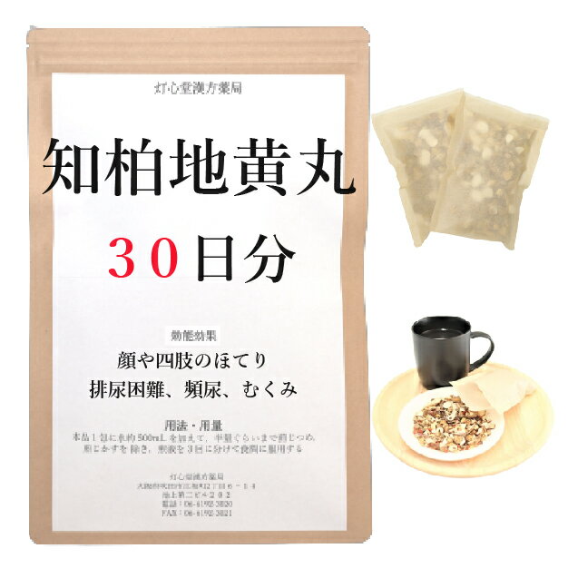 知柏地黄丸料 　知柏地黄丸料は、「医宗金鑑」を原典とする、体力中等度以下で、疲れやすく胃腸障害がなく、口渇がある人の、顔や四肢のほてり、排尿困難、頻尿、むくみに用いられる漢方薬です。 効能・効果 体力中等度以下で、疲れやすく胃腸障害がなく、口渇があるものの次の諸症：顔や四肢のほてり、排尿困難、頻尿、むくみ 成分と分量 1包（大人の1日量）中に次の成分を含んでいます。 ジオウ5.0g,サンシュユ3.0g,サンヤク3.0g,タクシャ3.0g,ブクリョウ3.0g,ボタンピ3.0g,チモ3.0g,オウバク3.0g 用法・用量 本品1包に、水約500mL を加えて、半量ぐらいまで煎じつめ、煎じかすを除き、煎液を3回に分けて食間に服用してください。 上記は大人の1日量です。 大人(15歳以上)：上記の通り 7歳～14歳：大人の2／3 4歳～6歳：大人の1／2 2歳～3歳：大人の1／3 2歳未満：大人の1／4 ＜用法・用量に関連する注意＞ （1）用法・用量を厳守してください。 （2）小児に服用させる場合には、保護者の指導監督のもとに服用させてください。 （3）1才未満の乳児には、医師の診療を受けさせることを優先し、やむを得ない場合にのみ服用させてください。 （4）煎じ液は、必ず熱いうちにかすをこしてください。 （5）本剤は必ず1日分ずつ煎じ、数日分をまとめて煎じないでください。 してはいけないこと （守らないと現在の症状が悪化したり、副作用が起こりやすくなります） 次の人は服用しないでください 　（1）生後3カ月未満の乳児。 　（2）胃腸の弱い人。 　（3）下痢しやすい人。 相談すること 1．次の人は服用前に医師又は薬剤師に相談してください 　（1）医師の治療を受けている人。 　（2）妊婦又は妊娠していると思われる人。 2．服用後、次の症状があらわれた場合は副作用の可能性があるので、直ちに服用を中止し、この文書を持って医師又は薬剤師に相談してください 消化器：吐き気、胸やけ、食欲不振、胃部不快感、腹痛 3．服用後、次の症状があらわれることがあるので、このような症状の持続又は増強が見られた場合には、服用を中止し、この文書を持って医師又は薬剤師に相談してください 　　下痢 4．1カ月位服用しても症状がよくならない場合は服用を中止し、この文書を持って医師又は薬剤師に相談してください 保管及び取扱い上の注意 （1）直射日光の当たらない湿気の少ない涼しい所に保管してください。 （2）小児の手の届かない所に保管してください。 （3）他の容器に入れ替えないでください（誤用の原因になったり品質が変わります。）。 （4）煎じ液は腐敗しやすいので、冷暗所又は冷蔵庫等に保管し、服用時に再加熱して服用してください。 （5）生薬を原料として製造していますので、製品の色や味等に多少の差異を生じることがあります。 注意 1．次の人は服用しないでください 　（1）生後3カ月未満の乳児。 　（2）胃腸の弱い人。 　（3）下痢しやすい人。 2．次の人は服用前に医師又は薬剤師に相談してください 　（1）医師の治療を受けている人。 　（2）妊婦又は妊娠していると思われる人。 3．服用に際しては、説明文書をよく読んでください 4．直射日光の当たらない湿気の少ない涼しい所に保管してください 5．小児の手の届かない所に保管してください 6．その他 　（1）医薬品副作用被害救済制度に関するお問い合わせ先 　　　（独）医薬品医療機器総合機構 　　 　　　電話　0120-149-931（フリーダイヤル） 　（2）この薬に関するお問い合わせ先 　　　灯心堂漢方薬局 　　　管理薬剤師：西山光 　　　受付時間：10時から19時まで（土曜日は14時まで）（但し日曜祝日は除く） 　　　電話：06-6192-3020 　　　FAX:06-6192-3021 医薬品販売に関する記載事項（必須記載事項）はこちら