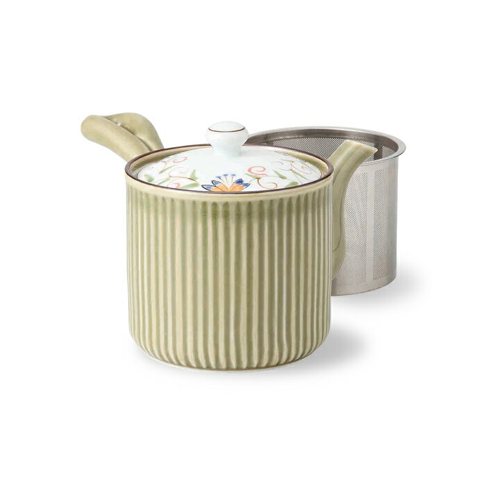 波佐見焼（470cc）スーパーステンレス網茶こし付きのかわいい急須 花連 （大・緑釉） 《長崎県産のはさ..