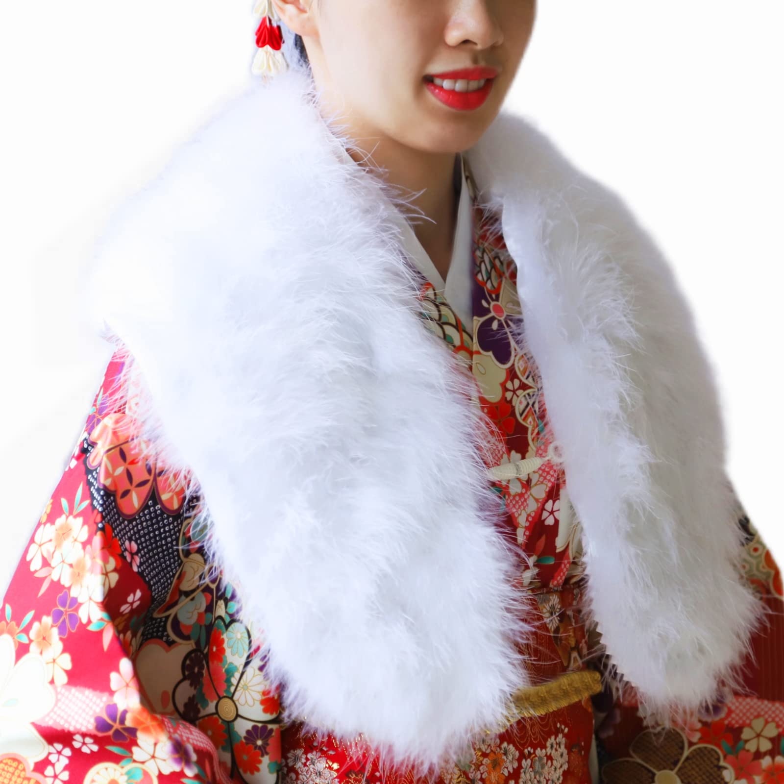ショール ファー 羽毛 成人式 ファー 成人式ショール ショール振袖 着物 和装 ファーショール ストール 和装 洋装 両用 結婚式 花嫁 披露宴 プレゼント 紅葉狩り お歳暮 冬ギフト パーティ （白 箱入り）