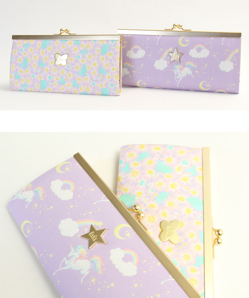 カバンの店 東西南北屋のfafa フェフェ 財布 女の子 子供 キッズ LALLA WALLET がまぐち長財布 6427-2002 ラベンダーユニコーン ベビーピンクデイジー 女の子 ガール｜アングル2