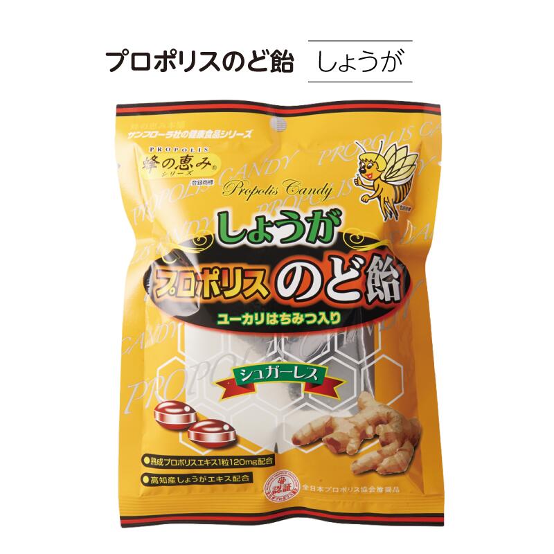 ※個数により配送方法が変わる場合がございます。 プロポリス関連商品商品情報 内容量 1袋あたり：80g 原材料 還元水飴・プロポリスエキス・ユーカリはちみつ・生姜・香料 原産地 ブラジル国 《プロポリス・ハチミツ》 メーカー 株式会社サンフローラ ▼[しょうがエキス入り]　プロポリスのど飴1粒にプロポリスエキス120mgの高含有で、身体を温める生姜エキスを配合し、辛さをマイルドに仕上げました。 シュガーレス、低カロリーですので、ダイエット中の方も安心してお召し上がりいただけます。▼プロポリスとは？プロポリスとは、ミツバチの巣の中を清潔に保つ天然の防御物質です。ミツバチが樹木の新芽などから樹液を採取し、これを自身の酵素と反応させて作り出す抗菌性の物質で、フラホノイド、ミネラル、アミノ酸、桂皮酸誘導体などの成分が豊富に含まれています。▼ミネラル成分の多いブラジル産ユーカリはち蜜を使用ブラジル国ミナスジェライス州で育つ無農薬・無化学肥料のユーカリ林から採れた体にやさしいユーカリはち蜜を使用しています。 商品検索キーワード プロポリス ハチミツ 蜂蜜 はちみつ のどあめ のどのケア 喉 のどすっきり 砂糖なし こんなシーンにも対応いたします おすすめ インスタ 迎春 お正月 年末年始 暑中御見舞 残暑御見舞 節分 バレンタインデー ホワイトデー ひな祭り お花見 ハロウィン クリスマス 冬ギフト 御歳暮御祝 御礼 謝礼 お土産 手土産 贈りもの 快気内い プチギフト 入学式 開業祝い 古希祝い 白寿 退院祝い 誕生祝い 御霊前 御仏前 お盆 新盆 お彼岸 仏事 志 御供物 お悔やみ 高級 お取り寄せ 口コミ 売れ筋 人気 高級 内祝 内祝い お祝い返し ウェディングギフト ブライダルギフト 引き出物 引出物 結婚引き出物 結婚引出物 結婚内祝い 出産内祝い 命名内祝い 入園 内祝い 入学内祝い 卒園内祝い 卒業内祝い 就職内祝い 新築内祝い 引越し内祝い 快気内祝い 開店内祝い 二次会 披露宴 お祝い 御祝 結婚式 結婚祝い 出産祝い 初節句 七五三 入園祝い 入学祝い 卒園祝い 卒業祝い 成人式 就職祝い 昇進祝い 新築祝い 上棟祝い　引っ越し祝い 引越し祝い 開店祝い 退職祝い 快気祝い 全快祝い 初老祝い 還暦祝い 古稀祝い 喜寿祝い 傘寿祝い 米寿祝い 卒寿祝い 白寿祝い 長寿祝い 金婚式 銀婚式 ダイヤモンド婚式 結婚記念日 ギフト ギフトセット セット 詰め合わせ 贈答品 お返し お礼 御礼 ごあいさつ ご挨拶 御挨拶 プレゼント 送料無料 お見舞い お見舞御礼 お餞別 引越し 引越しご挨拶 記念日 誕生日 父の日 母の日 敬老の日 記念品 卒業記念品 定年退職記念品 ゴルフコンペ コンペ景品 景品 賞品 粗品 お香典返し 香典返し 志 満中陰志 弔事 会葬御礼 法要 法要引き出物 法要引出物 法事 法事引き出物 法事引出物 忌明け 四十九日 七七日忌明け志 一周忌 三回忌 回忌法要 偲び草 粗供養 初盆 供物 お供え お中元 御中元 お歳暮 御歳暮 お年賀 御年賀 残暑見舞い 年始挨拶 話題 のし無料 メッセージカード 無料 ラッピング無料 手提げ袋無料 大量注文