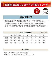 令和元年記念日本製コットン(綿)100%Tシャツサイズリスト画像