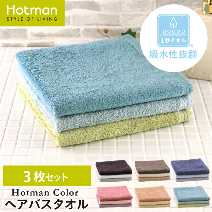 【送料無料】公式ホットマン 1秒タオル 3枚セット ホットマンカラー ヘアバスタオル 53×105cm 日本製 | Hotman 定番 人気 ギフト まとめ買い アソート カラー ミニバスタオル 薄手 セット 家族 赤ちゃん 一秒タオル