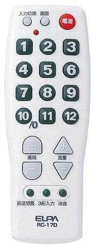 ELPA テレビリモコン RC-17D(W)動作距離：約7m（使用機種により異なります）電源：DC3V　単4乾電池X2本（テスト用の電池が付属しておりますが、放電等により最初から使用できない場合があります。その場合は、新しい電池を購入のうえご利用下さい。電池の交換はいたしません）電池持続期間：約12ヶ月（アルカリ電池使用時）（使用頻度によって異なります）外形寸法：幅57mm x 高さ150mm x 厚さ25mm約58g（乾電池除いた場合）