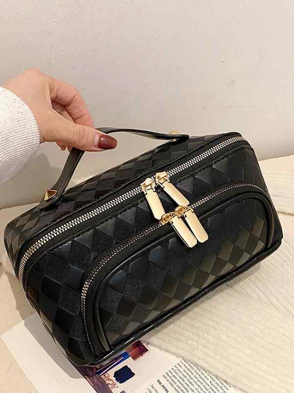 化粧ポーチ レディース 大容量 PUレザー 菱形 格子柄 旅行用 洗面用品 収納 整理 ブラック ブラウン ピ..