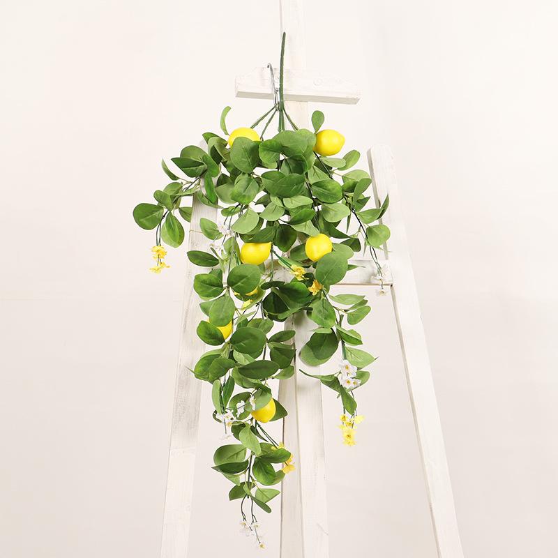 壁掛け 5叉レモン 絹花 人工観葉植物 垂れ下がり 前飾り ドア装飾 ホームデコレーション(x2)