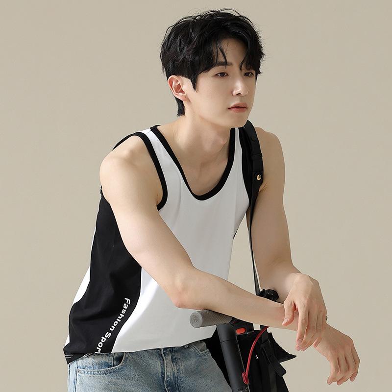 メンズ タンクトップ 男性用 コットン 薄手 切り替え インナー 綿 春夏秋 ラウンドネック カジュアル