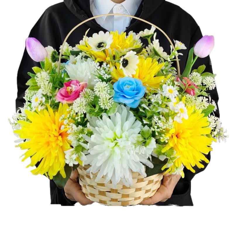 造花 仏花 清明節 お供え 菊 手 供花 黄色 白 葬儀 法要 大号手捧 フルーツバスケット アレンジメント 思い出 藤編み 永遠の想い