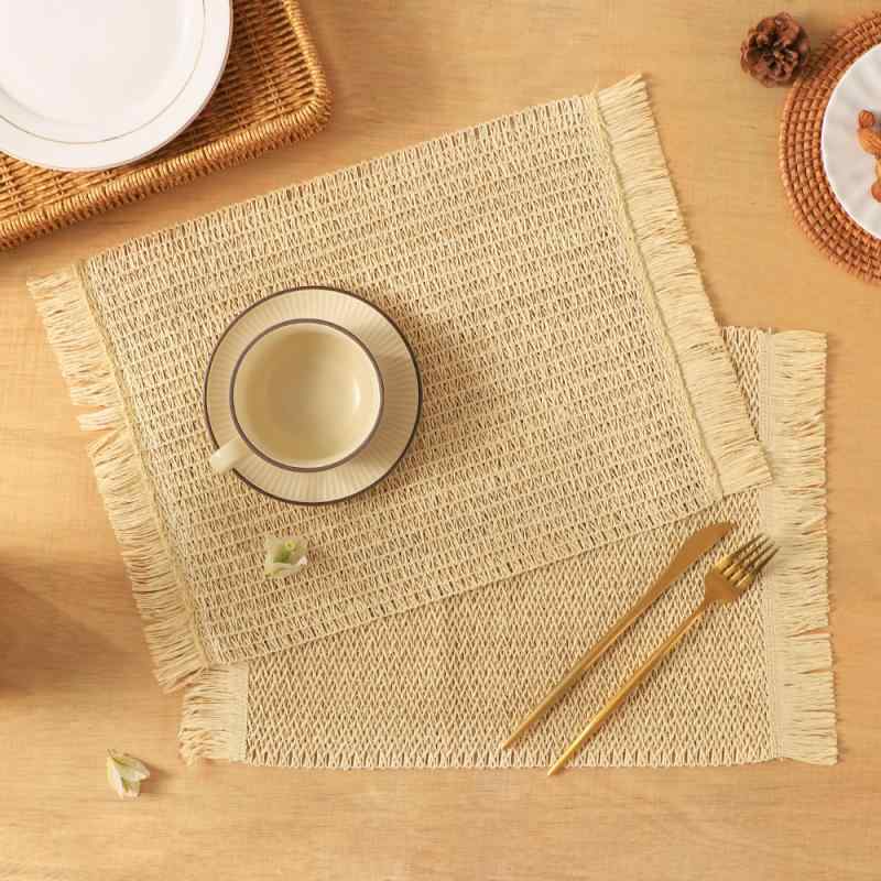 ランチョンマット 紙製 編み込み フリンジ付き 断熱 中華風 レトロ ティートレイ 装飾 30*45CM 駝色 緑 赤 ピンク系