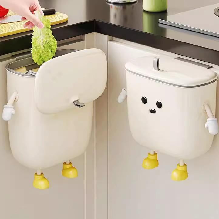 ゴミ箱 壁掛け キッチン用品 4L 小型 楕円形 ふた付き 穴あけ不要 アイボリー おしゃれ かわいい 吊り下げ 衛生 清潔 収納 台所 洗面所