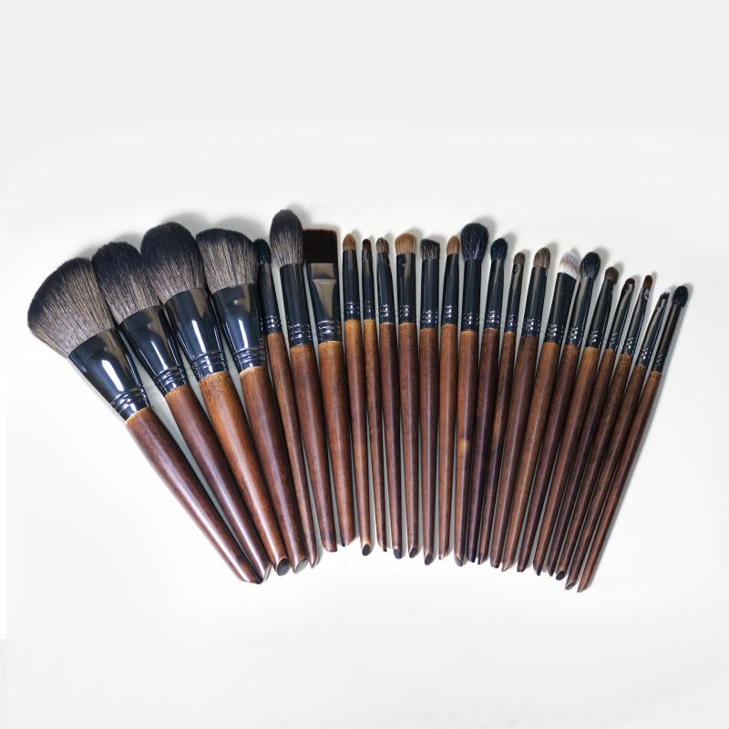 メイクブラシ レディース 24本セット 化粧筆 羊毛 収納ケース付き 斜めカット ウッドハンドル ブラック プロ仕様(4)