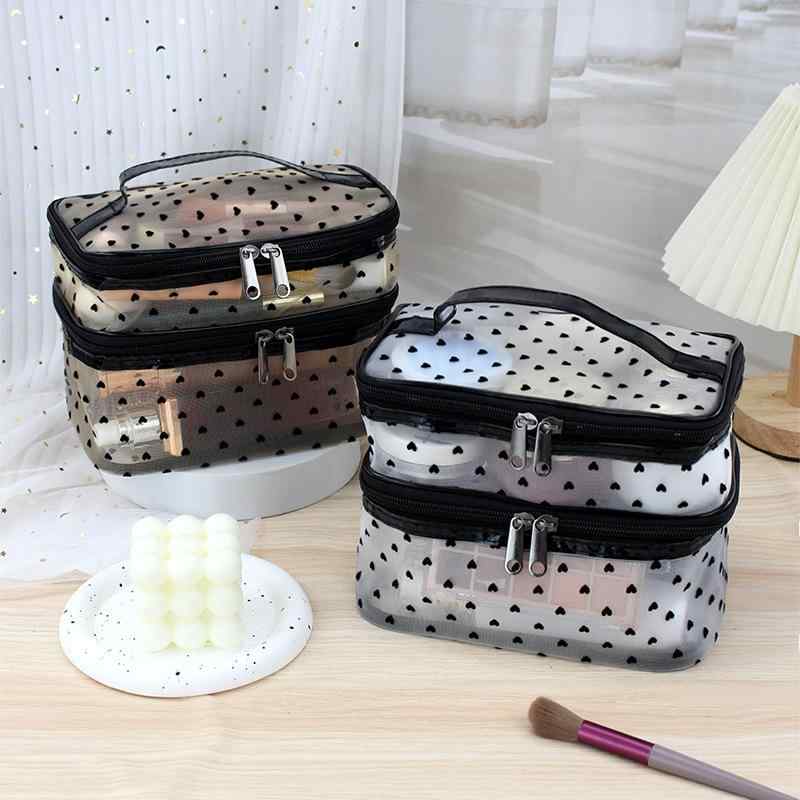 化粧ポーチ 旅行用 洗面用具ポーチ メッシュ 大容量 ダブルレイヤー ピンク系