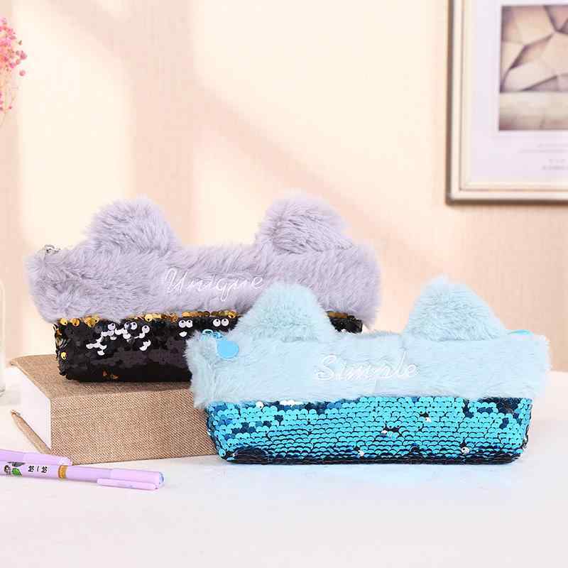 ペンケース レディース かわいい 猫耳付き ふわふわ 大容量 学生用 パープル ブルー 収納(x2)