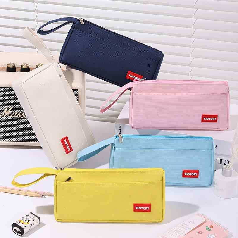 ペンケース 大容量 ダブルファスナー オックスフォード布 文房具入れ 筆箱 学生用 紺色 ピンク イエロー オフホワイト ブルー