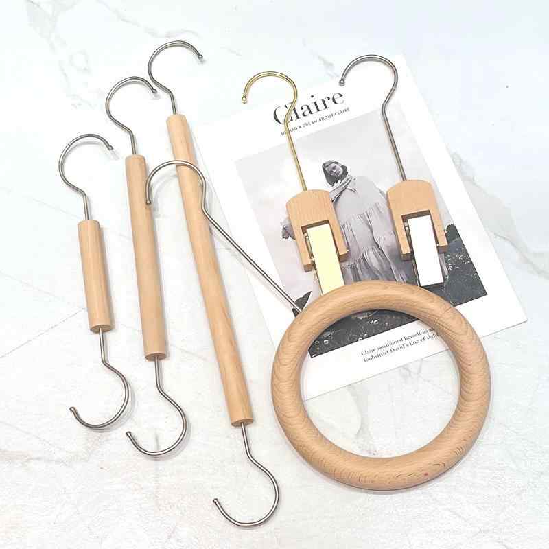 ハンガー S字フック 木製 ディスプレイ用 陳列用 衣類掛け 服飾小物掛け 円形フック 金具付き 実木クリ..