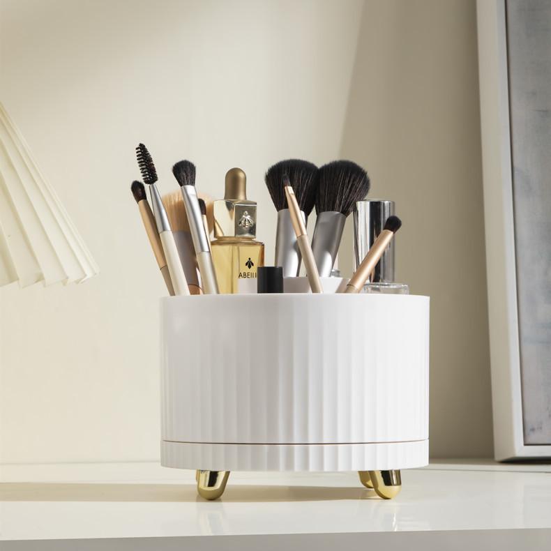 メイクブラシ収納ボックス デスク 卓上 回転式 化粧ブラシケース 口紅 眉ペンシル 小物入れ コスメ収納ケース 整理 クリームイエロー パールホワイト