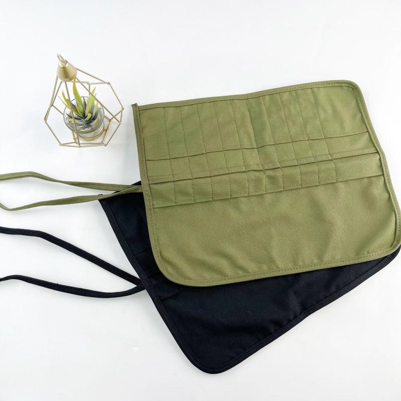 ペンケース 画材入れ 22本収納 水彩筆入れ キャンバス 帆布 筆巻き 携帯用 ブラック カーキ