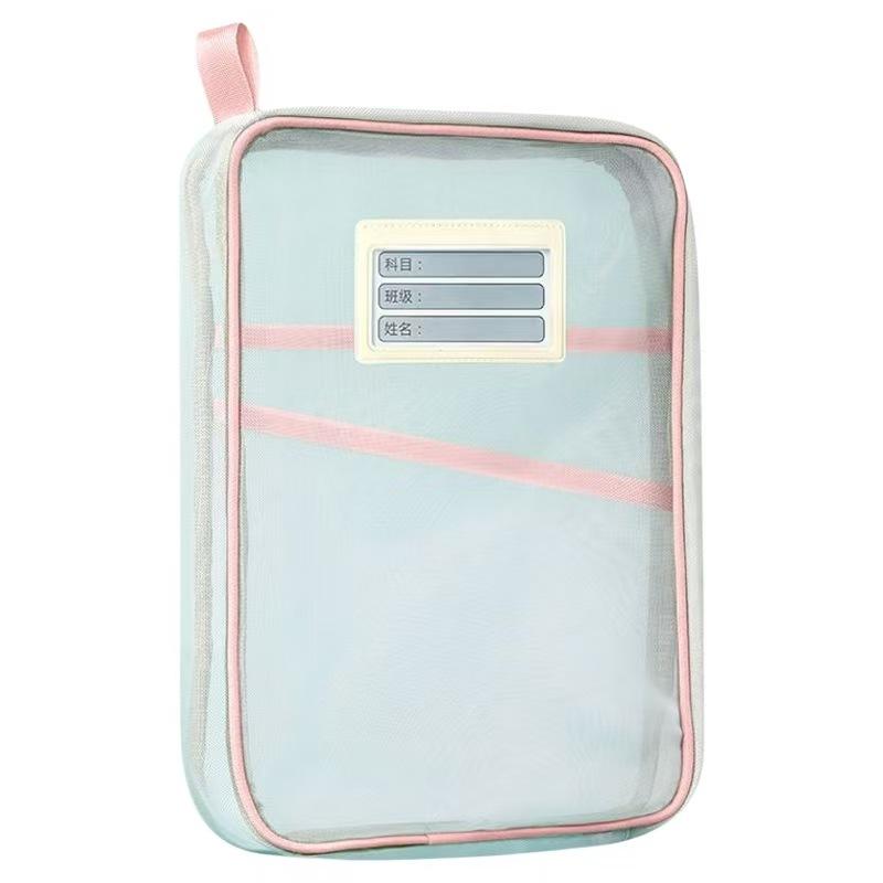 書類ケース レディース L字型 網状 整理収納 ファスナー開閉式 ナイロン製 短い持ち手付き ブルー パー..