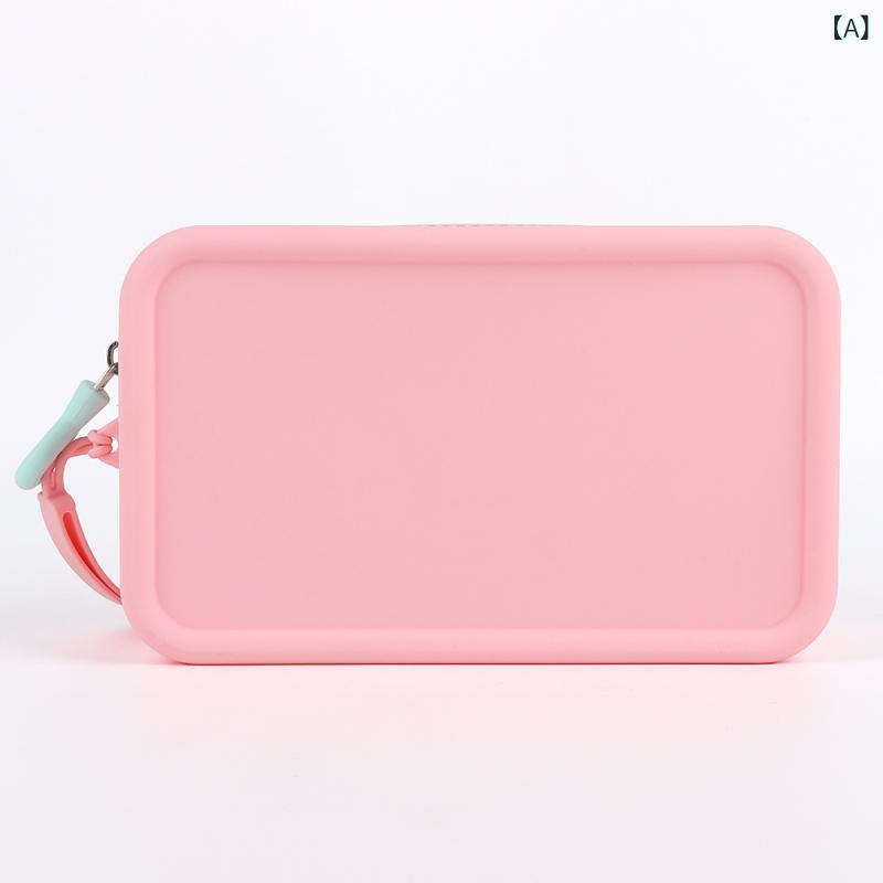 化粧ポーチ 大容量 シリコン製 正方形 長方形 収納ポーチ 携帯用 コインケース イヤホンケース ピンク..
