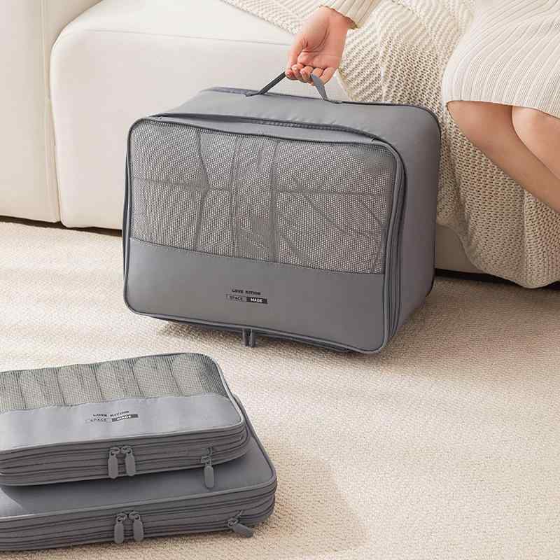 トラベルバッグ 衣類収納ケース 大容量 折りたたみ可能 旅行圧縮バッグ キューブ型 整理用 収納ポーチ ポリエステル製 多用途 グレー ピンク