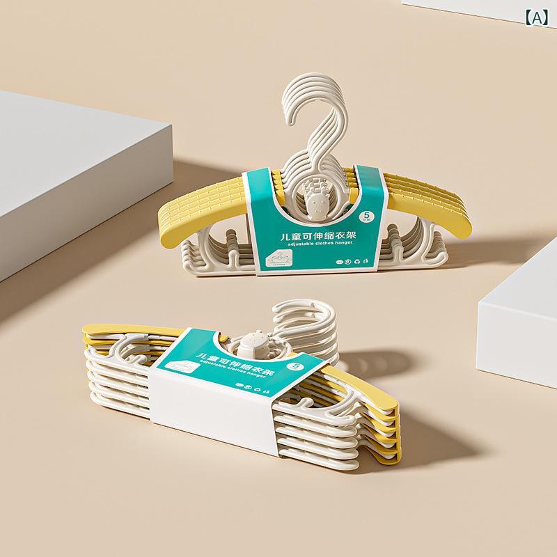 子供用ハンガー 伸縮ハンガー ベビー キッズ 新生児 プラスチック製 5本セット 薄黄色 小鹿 薄緑 小鹿 水色 小熊 浅茶色 小熊 グレー 王冠 ピンク 王冠