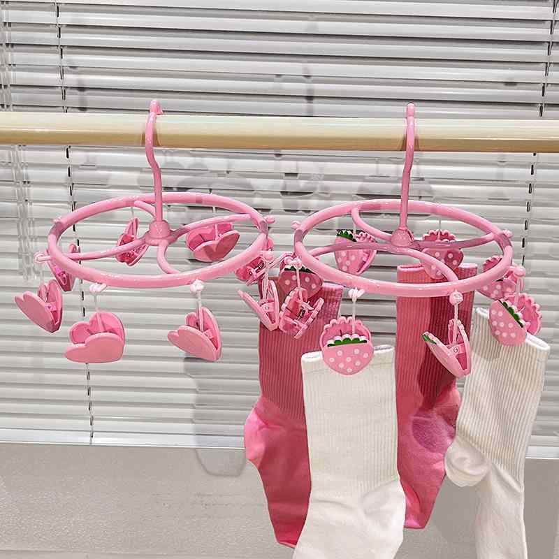 洗濯物干し 愛らしい かわいい ハート イチゴ ブタ 多機能 折りたたみ式 靴下 下着 パンツ ハンガー プラスチック製(x2)
