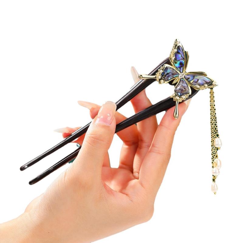 ヘアアクセサリー レディース 簪 かんざし U字型 黒檀 古風 彩貝 蝶 バタフライ チャイナドレス 髪飾り..