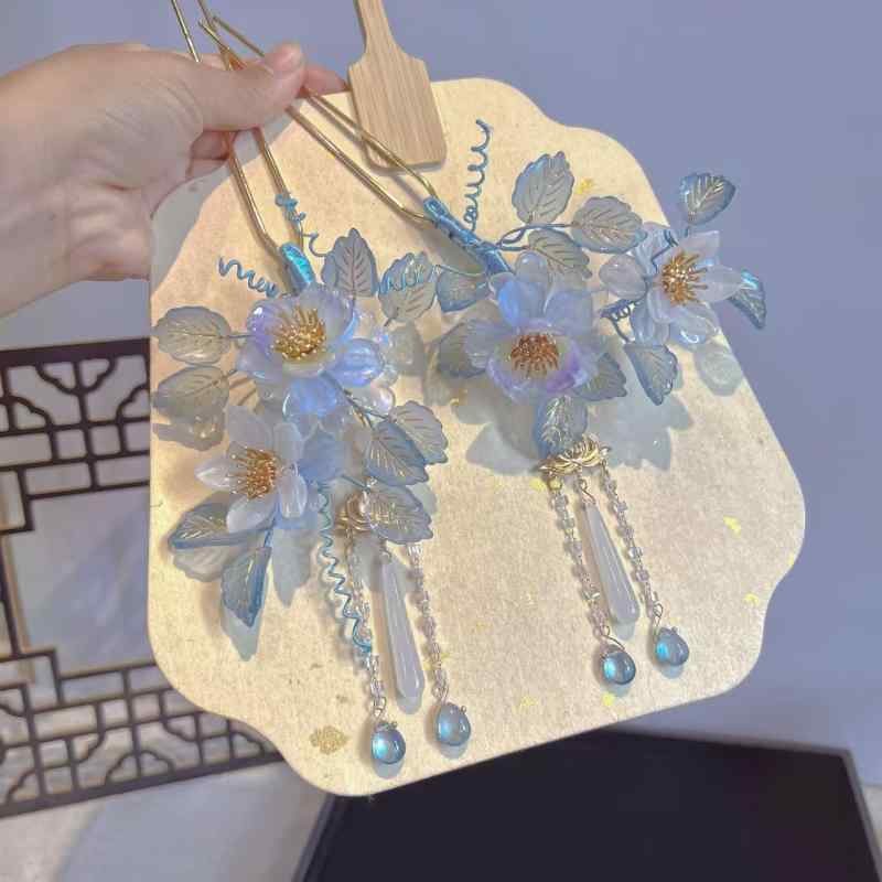 ヘアアクセサリー レディース 簪 かんざし 髪飾り 古風 和風 琉璃 花 タッセル付き レトロ パーティー 結婚式 記念日 誕生日 プレゼント 大 小 発梳 髪留め