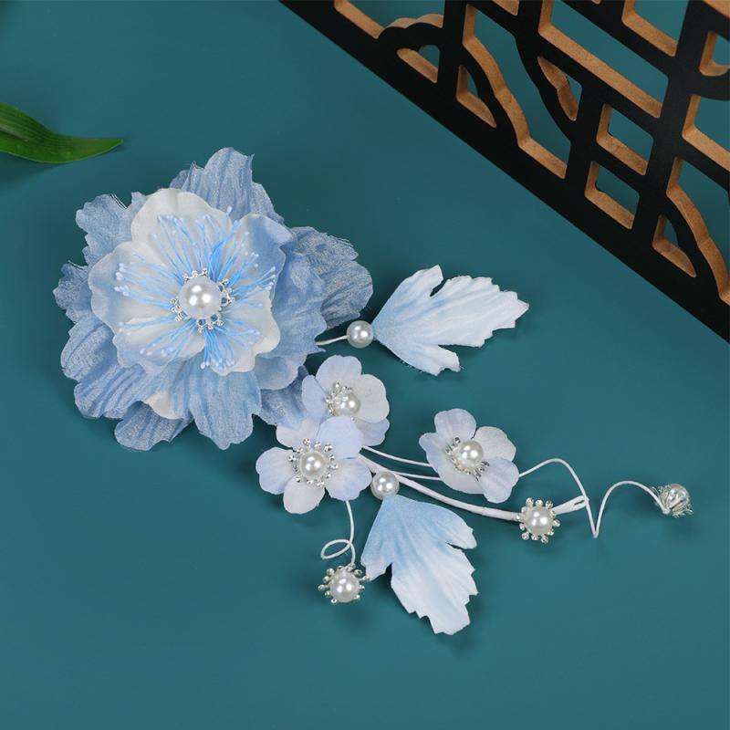 ヘアアクセサリー レディース 古風 簪 かんざし 手作り 絹花 布花 コサージュ 髪飾り レトロ的 エレガント ヘアピン ヘアスティック 浅葱色 グラデーション...