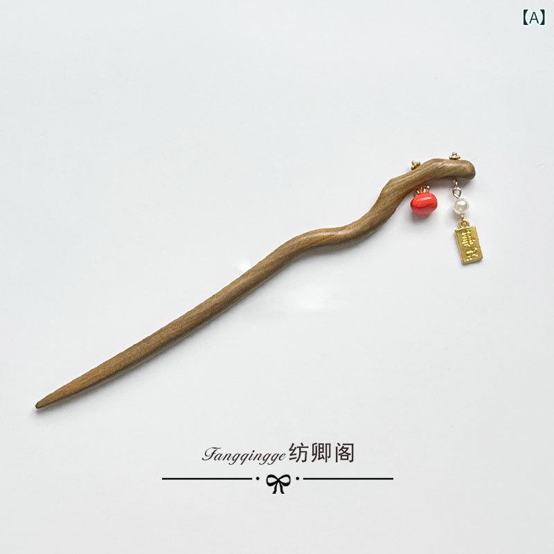 かんざし レディース ヘアアクセサリー 緑檀木 古風 柿モチーフ パール付き 漢服 和装 髪飾り レトロ ..