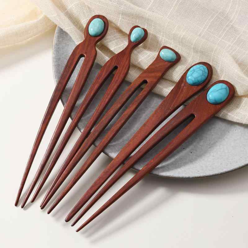 ヘアアクセサリー レディース かんざし U字型 レッドサンダルウッド フェイクターコイズ ヘアピン ヘアスティック 和装小物 レトロ エスニック