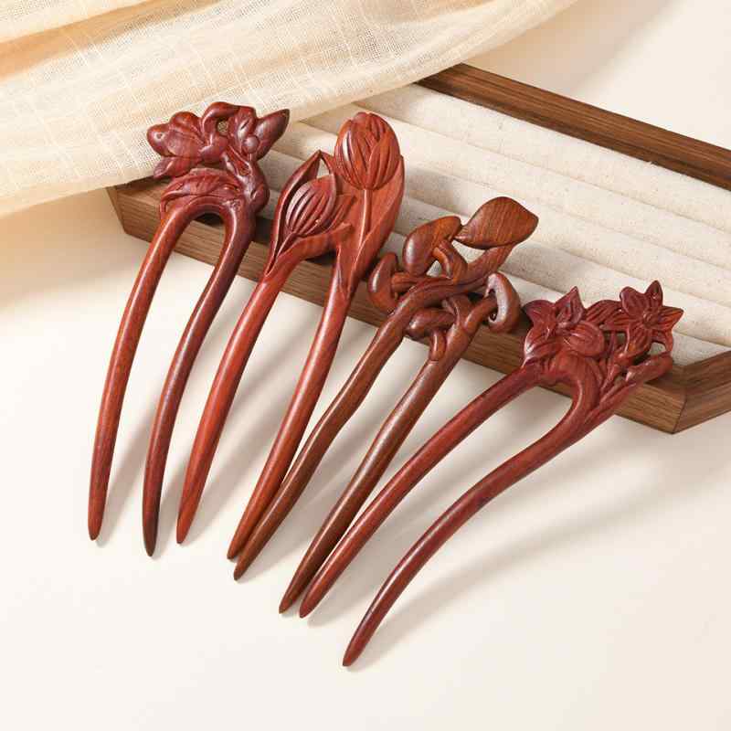 ヘアアクセサリー レディース 木製 U型かんざし レッドサンダルウッド 簪 髪飾り 花柄 レトロ まとめ髪 アレンジ 普段使い パーティー