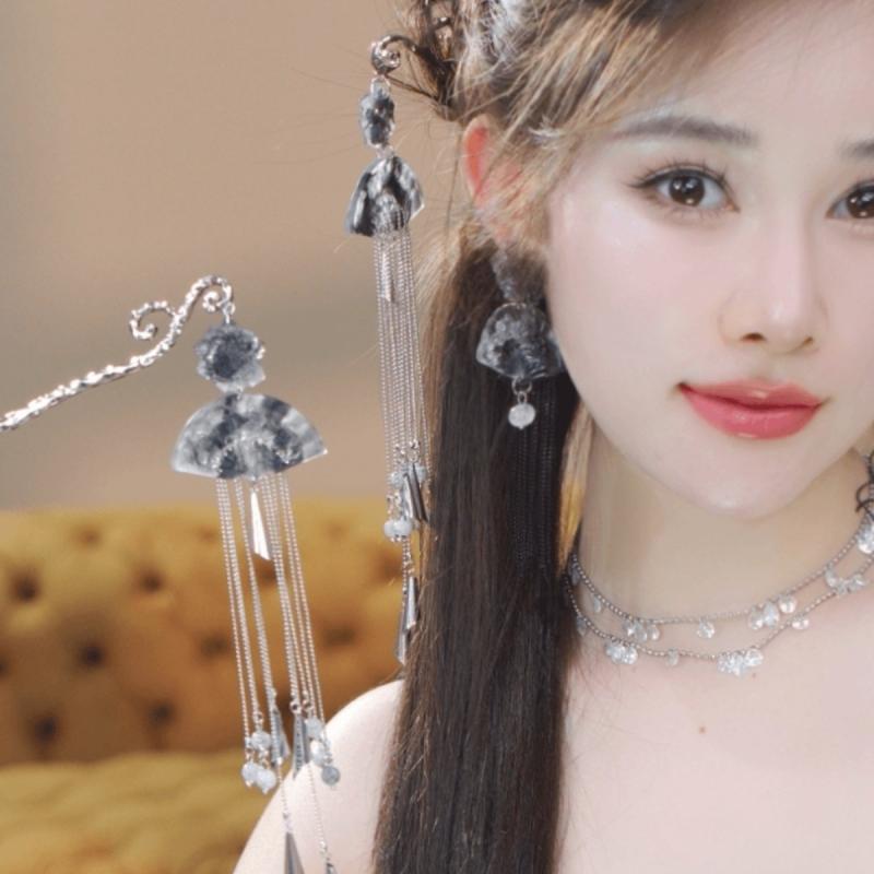 ヘアアクセサリー レディース 水墨ローズ 扇子 タッセル かんざし チャイナドレス 和風 ヘアピン まとめ髪 髪飾り 浴衣 着物 おしゃれ かわいい アレンジ(...