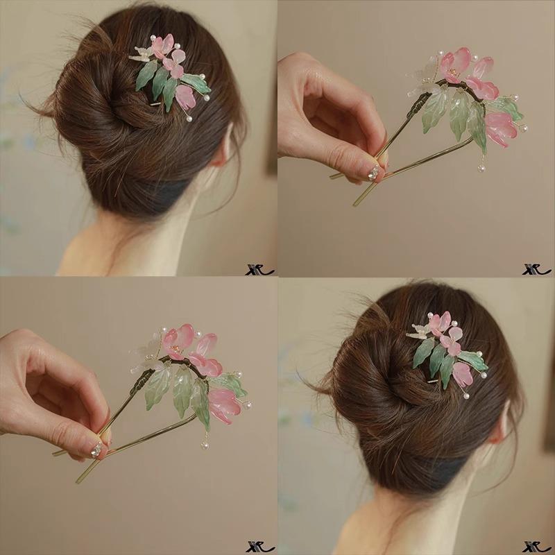 ヘアアクセサリー レディース U字型かんざし 髪飾り 新中式 花柄 オレンジ系 ピンク系 チャイナドレス 和装小物 ヘアピン 結婚式 パーティー(x2)