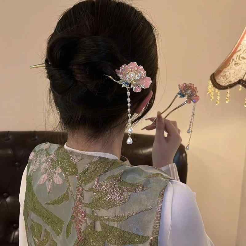 ヘアアクセサリー レディース 簪 かんざし 牡丹 U字簪 コーム 合金製 レトロ 古風 中華風 タッセル 花..